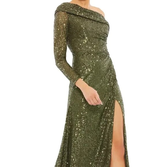 Mac Duggal Olive Green Sequin One-Shoulder Side Slit Midi Dress